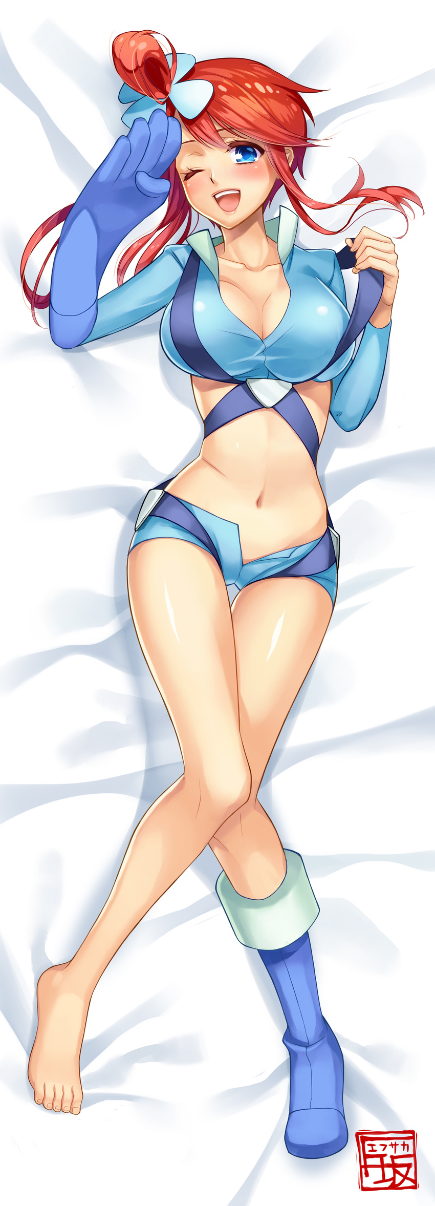 absurdres bad_id bad_pixiv_id barefoot blue_eyes blue_footwear blush boots breasts cleavage crop_top dakimakura full_body fuuro_(pokemon) gloves hair_ornament highres knees_together_feet_apart large_breasts lying midriff navel on_back one_eye_closed open_mouth pokemon pokemon_(game) pokemon_bw red_hair salute shinobiya_fsaka shiny shiny_skin shirt shoes shorts single_glove single_shoe solo taut_clothes taut_shirt thigh_gap