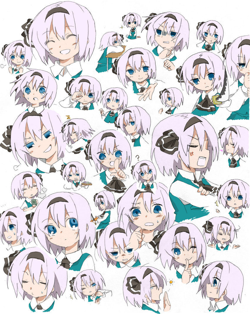 1girl :&lt; :d :t =_= ? absurdres anger_vein ascot bad_id bad_pixiv_id blue_eyes blush closed_eyes cup expressions finger_to_mouth from_side grin hairband heart henki_(orange) highres holding katana konpaku_youmu looking_up multiple_views one_eye_closed open_mouth pointing sigh silver_hair sitting smile snort sparkle sun sweatdrop sword table tea tears touhou wariza weapon white_background yawning zzz
