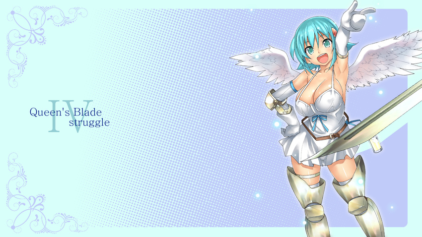 :d angel_wings aqua_eyes aqua_hair armor armpits asymmetrical_wings belt blush breasts cleavage elbow_gloves gloves greaves hair_ornament hairclip hand_on_hip highres large_breasts looking_at_viewer nakamura_yukitoshi nanael open_mouth queen's_blade short_hair single_elbow_glove single_glove skirt smile solo sword thigh_strap thighhighs weapon white_gloves white_legwear white_skirt wings