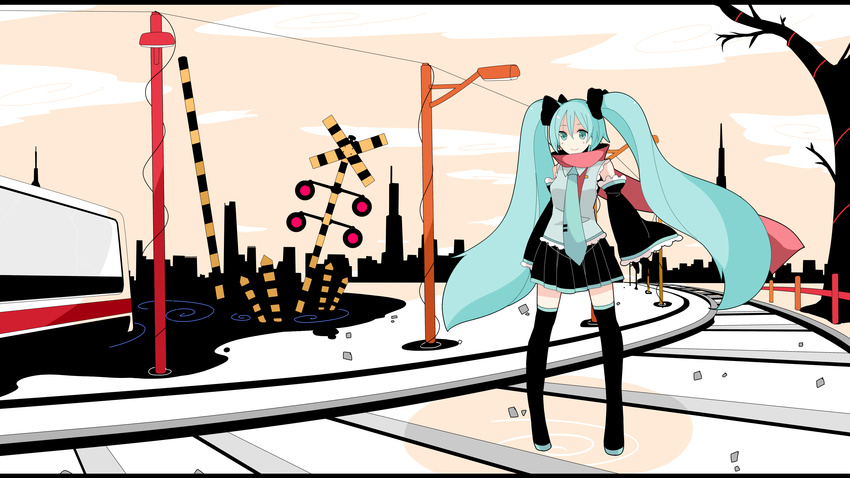 absurdres aqua_eyes cloud detached_sleeves hatsune_miku highres lamppost long_hair meneru railroad_tracks red_scarf road_sign scarf sign skirt sky solo thighhighs twintails vocaloid