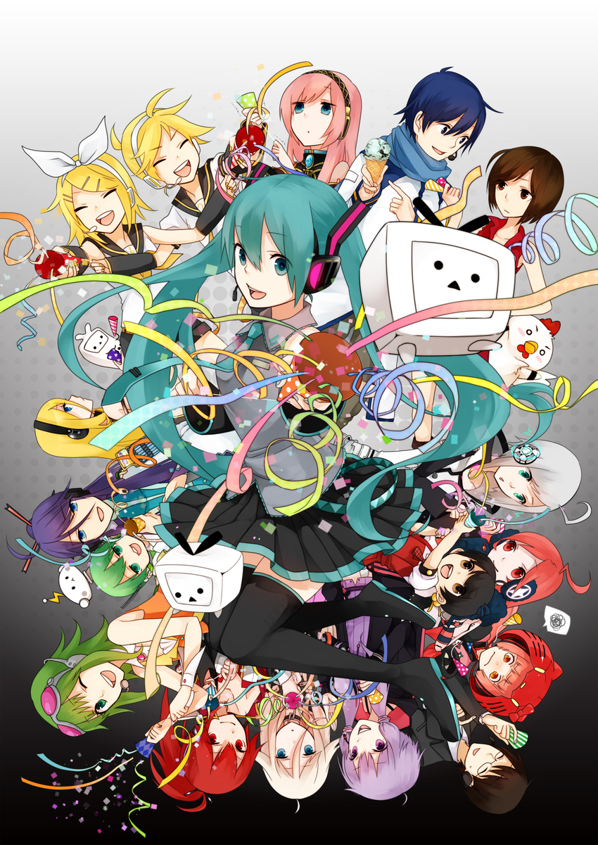 6+girls absurdres ahoge aqua_eyes aqua_hair bird blonde_hair blue_eyes blue_hair brown_eyes brown_hair chicken confetti cul detached_sleeves food glasses goggles goggles_on_head green_eyes green_hair gumi hair_ornament hair_ribbon hairclip hat hatsune_miku headphones headset highres hiyama_kiyoteru ia_(vocaloid) ice_cream kaai_yuki kagamine_len kagamine_rin kaito kamui_gakupo koyubi_right lily_(vocaloid) long_hair looking_at_viewer megurine_luka meiko multiple_boys multiple_girls necktie nekomura_iroha niconico open_mouth pink_hair ponytail purple_eyes purple_hair ribbon rooster ryuuto_(vocaloid) sf-a2_miki short_hair short_hair_with_long_locks sidelocks silver_hair skirt smile terebi-chan thighhighs twintails utatane_piko very_long_hair vocaloid voiceroid yuzuki_yukari zettai_ryouiki