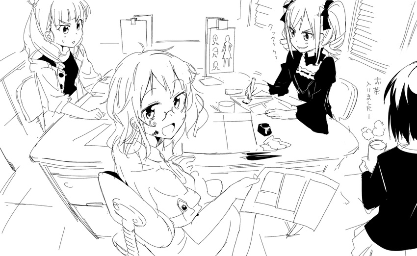 araki_hina dirty drawing drill_hair glasses gochou_(atemonai_heya) greyscale idolmaster idolmaster_cinderella_girls ink kamiya_nao kanzaki_ranko lolita_fashion looking_at_viewer monochrome multiple_girls open_mouth sketch smile