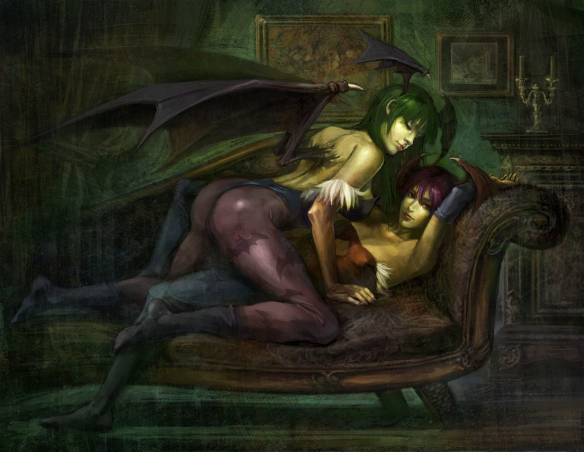 animal_print ass bare_shoulders bat_print bat_wings boots candelabra chong_feigiap demon_girl fingerless_gloves flat_chest gloves green_hair lilith_aensland lips morrigan_aensland multiple_girls pantyhose print_legwear purple_hair realistic red_eyes short_hair succubus vampire_(game) wings