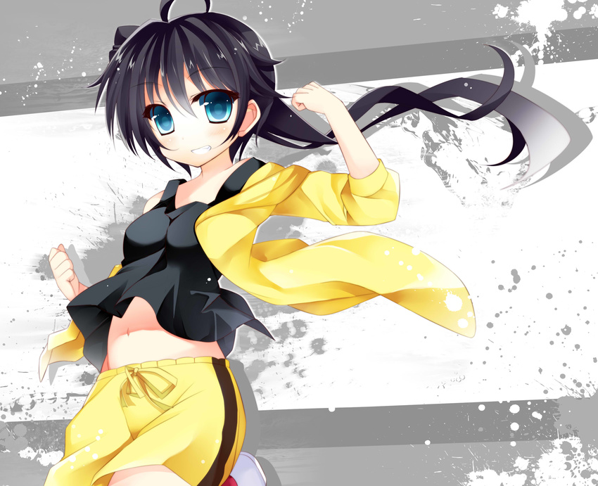 absurdres ahoge araragi_karen asymmetrical_hair black_hair blue_eyes highres kusano_(torisukerabasu) long_hair monogatari_(series) navel nisemonogatari side_ponytail sleeves_pushed_up solo