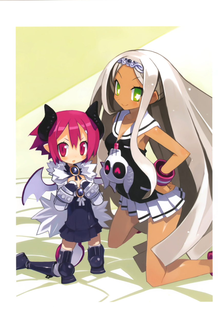 absurdres bat_wings blush bracelet cosplay costume_switch dark_skin demon_girl disgaea fur_trim green_eyes hands_on_hips harada_takehito heart highres horns jewelry kneeling long_hair looking_at_viewer makai_senki_disgaea_3 multiple_girls official_art pink_eyes pink_hair raspberyl raspberyl_(cosplay) sailor_collar sapphire_rhodonite sapphire_rhodonite_(cosplay) school_uniform short_hair skirt skull symbol-shaped_pupils symbol_in_eye tail thighhighs very_long_hair white_hair white_sailor_collar wings