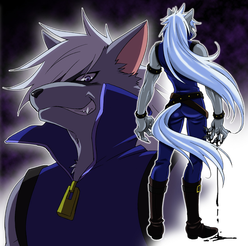 belt black_background blue_eyes dual_persona grin ink long_hair male_focus pants precure sharp_teeth smile smile_precure! tail teeth wauwa werewolf white_hair wolf_tail wolfrun