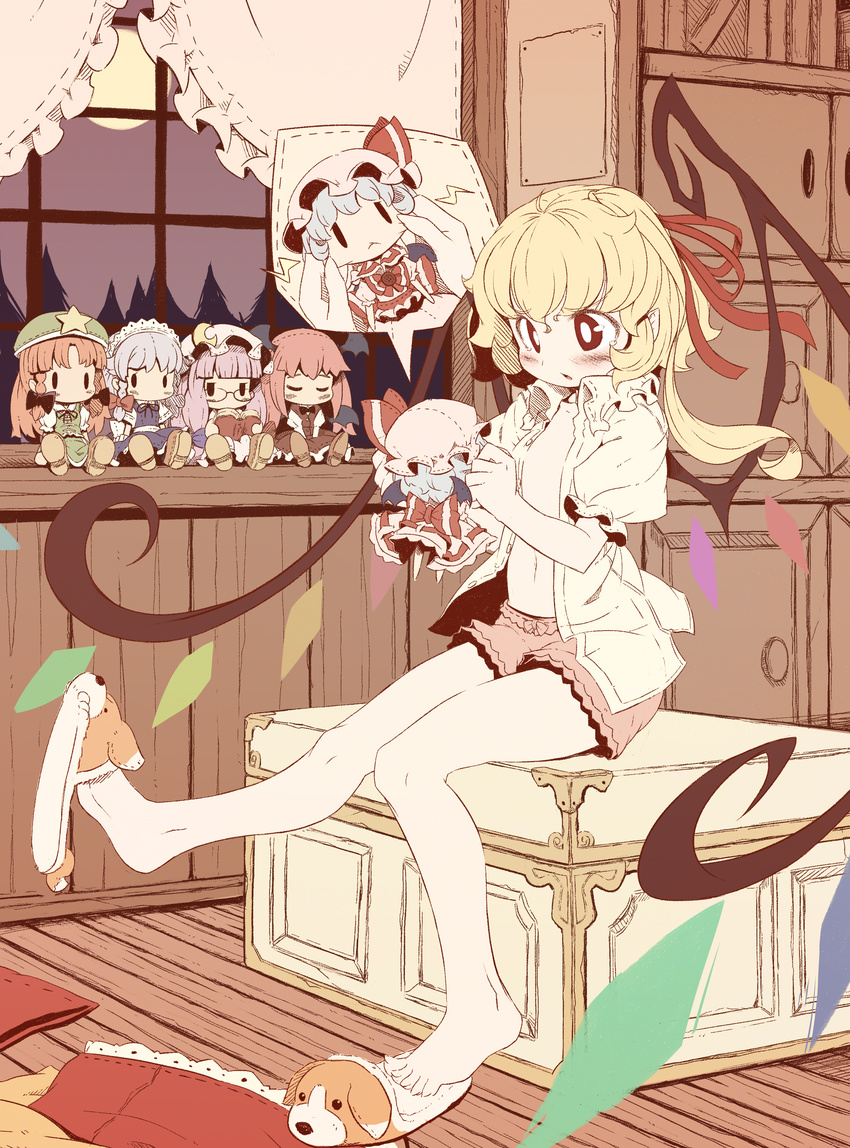 :&lt; absurdres animal_slippers barefoot bat_wings blonde_hair bloomers blue_hair blush book box braid character_doll cheek_pull child closed_eyes container crescent curtains dog_slippers dress_shirt flandre_scarlet flat_chest flat_color forest full_moon glasses hair_ribbon hat hat_ribbon head_wings highres hong_meiling indoors izayoi_sakuya koakuma long_hair midriff moon nature navel night no_pants on_box open_clothes open_mouth open_shirt patchouli_knowledge pointy_ears purple_hair red_eyes red_hair remilia_scarlet ribbon shirt shoe_dangle short_hair side_ponytail silver_hair sitting sitting_on_box sitting_on_object skirt skirt_set sky slippers solo star takahero touhou twin_braids underwear vest window wings |_|