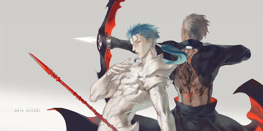 archer archer_alter arrow blue_hair bow_(weapon) dark_persona dark_skin dark_skinned_male earrings fate/stay_night fate_(series) gae_bolg jewelry lancer light_persona long_hair male_focus multiple_boys polearm ponytail rei_(sanbonzakura) spear tattoo weapon white_hair