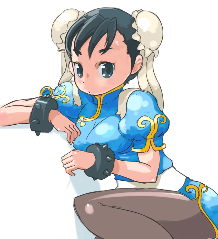 black_eyes black_hair black_legwear bracelet bun_cover china_dress chinese_clothes chun-li double_bun dress highres jewelry looking_at_viewer okera pantyhose simple_background solo spiked_bracelet spikes street_fighter white_background