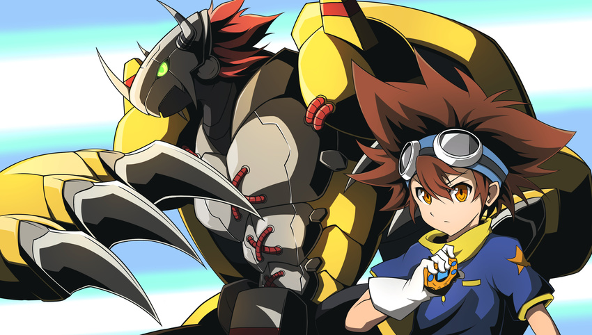 armor bad_id bad_pixiv_id brown_eyes brown_hair claws digimon digimon_adventure digivice gauntlets gloves glowing glowing_eye goggles goggles_on_head green_eyes highres horns lemon_(wzcrybmi) male_focus red_hair wargreymon white_gloves yagami_taichi