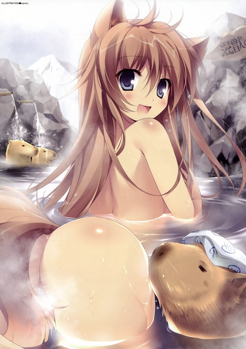 :3 absurdres animal_ears ass blue_eyes blush brown_hair capybara censored convenient_censoring highres karory looking_at_viewer looking_back nude original partially_submerged smile solo steam steam_censor tail water