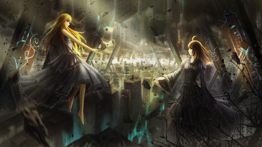 ahoge barefoot blonde_hair brown_hair dress long_hair multiple_girls original outstretched_hand ruins science_fiction sleeveless sleeveless_dress wide_sleeves zi_ye_(hbptcsg2)