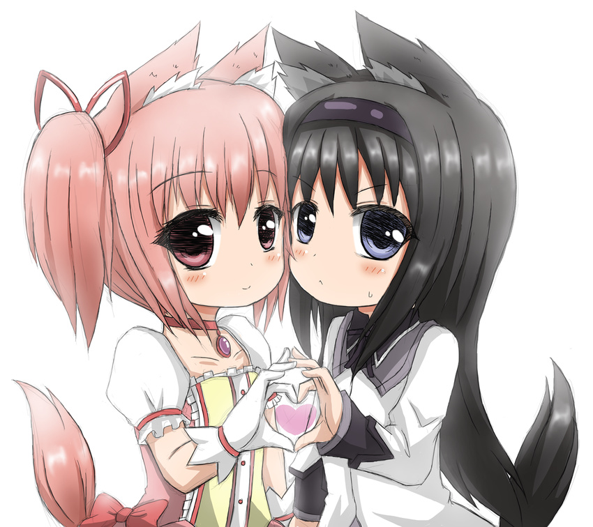 akemi_homura animal_ears black_hair blue_eyes cat_ears gloves greenteaneko hair_ribbon hairband highres kaname_madoka magical_girl mahou_shoujo_madoka_magica multiple_girls pink_eyes pink_hair ribbon tail