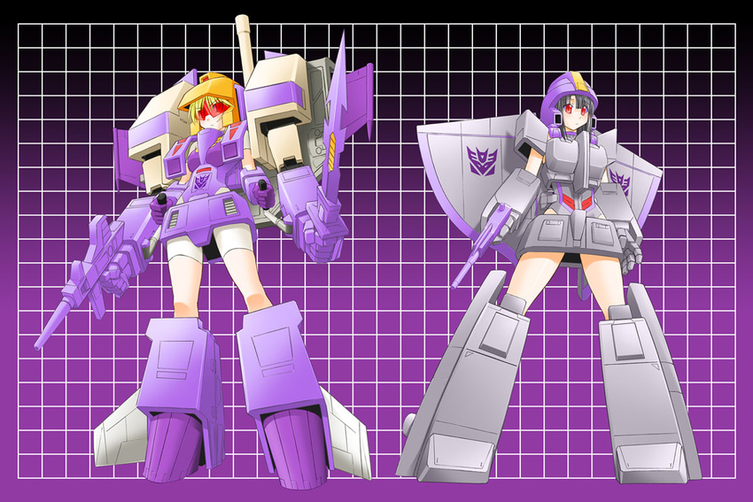 80s armor astrotrain black_hair blitzwing blonde_hair decepticon glasses gun helmet kageyama_shinobi mecha_musume multiple_girls oldschool personification red_eyes sword transformers visor weapon wings