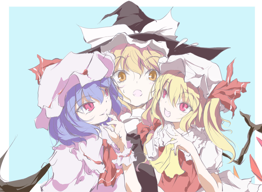 ascot awa_yume bat_wings blonde_hair blue_hair finger_to_mouth flandre_scarlet flying_sweatdrops girl_sandwich hat kirisame_marisa multiple_girls open_mouth orange_eyes red_eyes remilia_scarlet sandwiched short_hair siblings side_ponytail simple_background sisters slit_pupils smile touhou wings witch_hat wrist_cuffs yellow_eyes