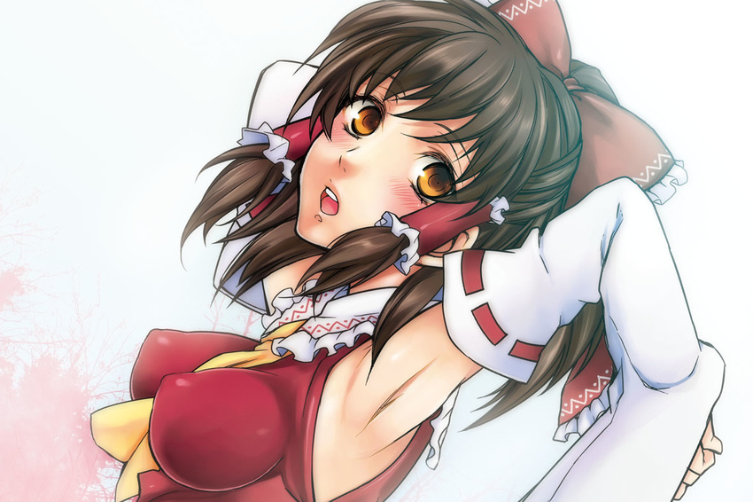 armpits arms_behind_head ascot blush bow breasts brown_hair covered_nipples detached_sleeves hair_bow hair_tubes hakurei_reimu impossible_clothes impossible_shirt medium_breasts open_mouth shirt solo touhou unizo upper_body yellow_eyes