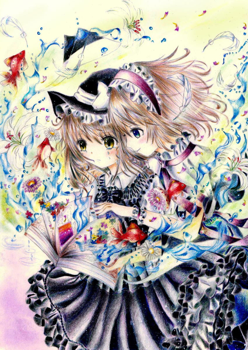 alice_margatroid alternate_costume blue_eyes book bow buttons capelet colored_pencil_(medium) daisy darkkanan eyelashes feathers fingernails fish flower goldfish graphite_(medium) hand_on_shoulder hat hat_bow headband highres jigsaw_puzzle kirisame_marisa light_brown_hair light_smile multicolored multicolored_nails multiple_girls nail_polish orchid parted_lips pastel_(medium) puzzle ripples shirt short_hair short_sleeves tears touhou traditional_media water witch_hat wrist_cuffs yellow_eyes