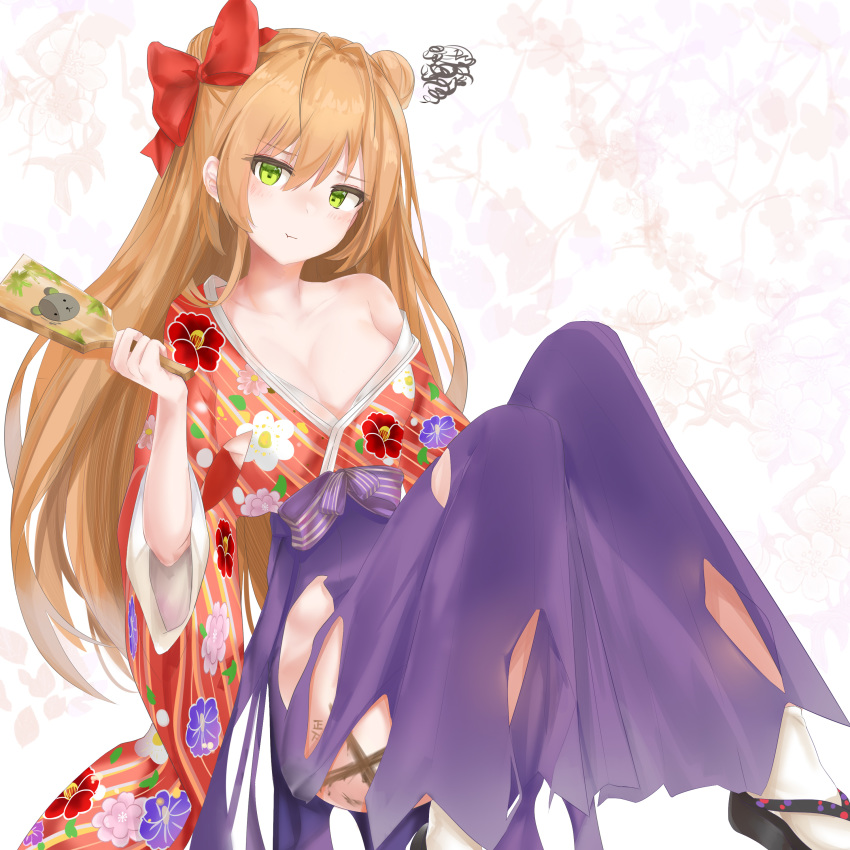 1girl :t absurdres ass bangs bare_shoulders black_footwear blush breasts brown_hair cleavage closed_mouth collarbone double_bun eyebrows_visible_through_hair floral_background floral_print girls_frontline green_eyes hair_between_eyes hair_ribbon hakama hand_up head_tilt highres holding japanese_clothes kimono knees_up long_hair long_sleeves looking_at_viewer medium_breasts off_shoulder platform_footwear pout purple_hakama red_ribbon rfb_(girls_frontline) ribbon ru_zhai sidelocks solo squiggle torn_clothes white_background wide_sleeves zouri