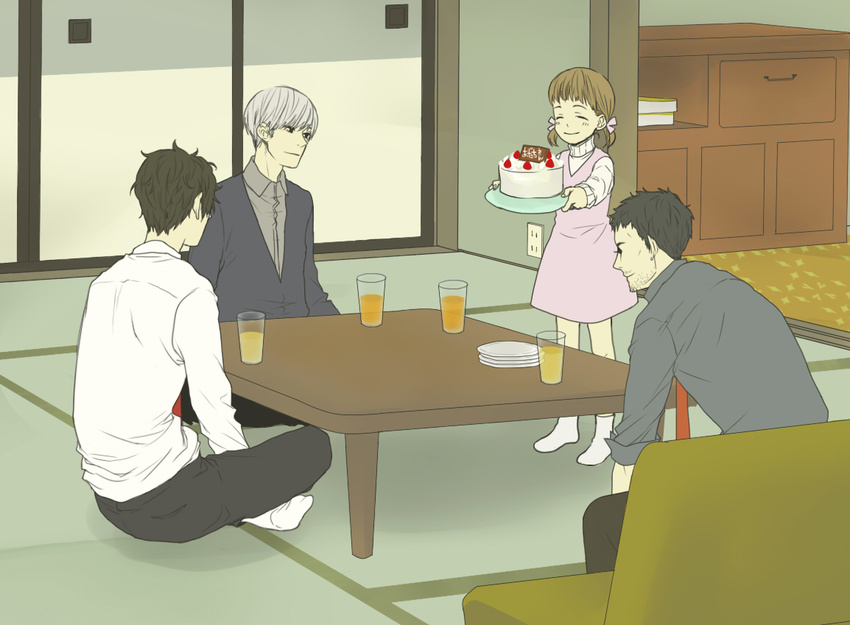 3boys adachi_tooru bad_id bad_pixiv_id birthday birthday_cake black_hair book brown_hair cake cupboard doujima_nanako doujima_ryoutarou drink facial_hair family food honolulurock multiple_boys narukami_yuu necktie pants persona persona_4 plate shirt short_twintails smile socks stubble table tatami twintails white_hair