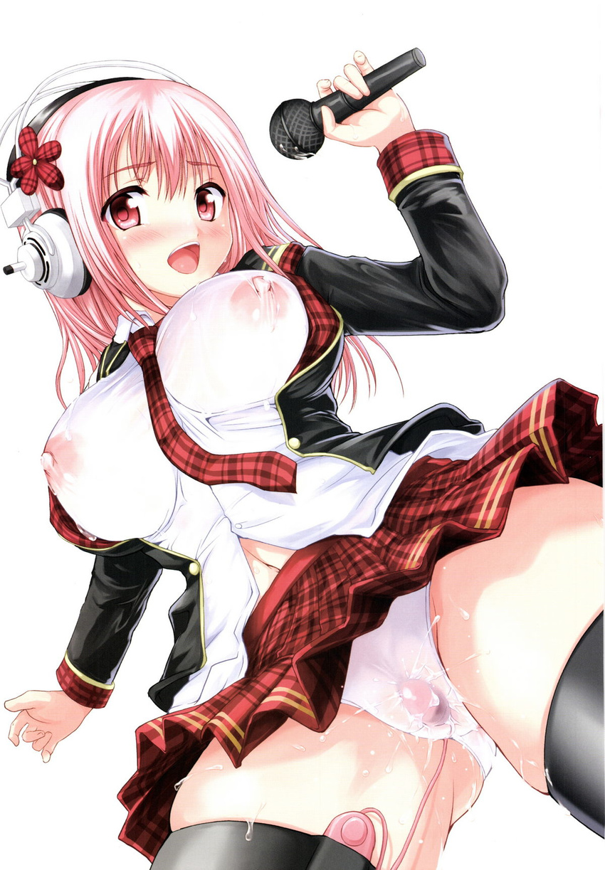 artist_request blush breasts erect_nipples hair_clip hair_ornament hair_pink_hair headphones large_breasts microphone oppai plaid plaid_skirt plaid_tie red_eyes school_uniform see_through soniko super_soniko thighhighs tie upskirt vibrator