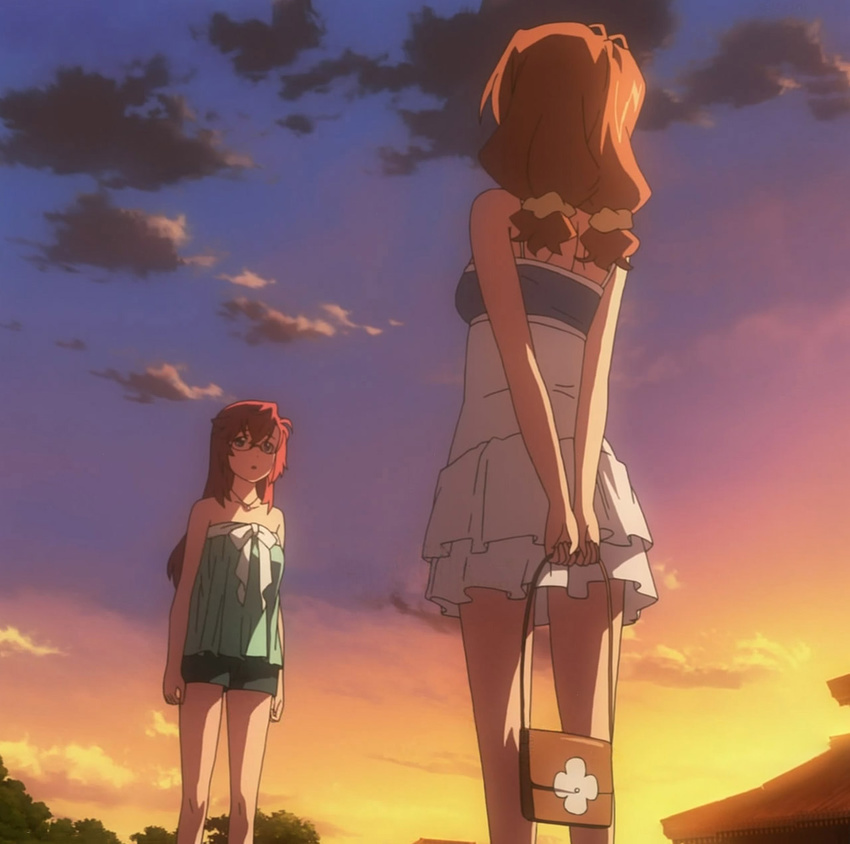 2_females ano_natsu_de_matteru bare_shoulders clouds exterior floral_motif looking_at_each_other purse screen_capture shorts skirt sky standing summer_dress sunset takatsuki_ichika