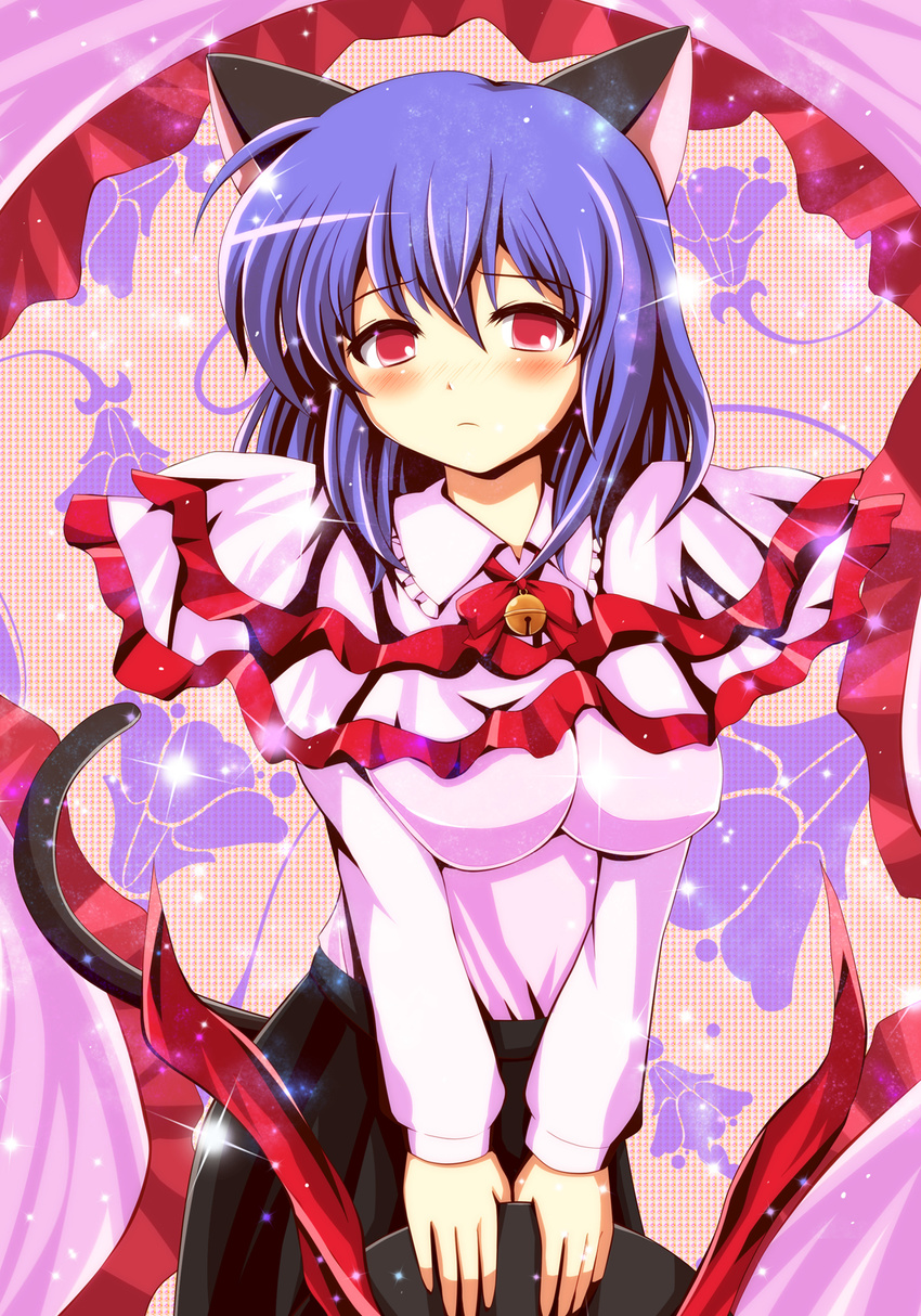 animal_ears bad_id bad_pixiv_id banned_artist bell blue_hair blush breasts cat_ears frills hat hat_removed headwear_removed highres holding holding_hat kemonomimi_mode kisaragi_zwei large_breasts nagae_iku red_eyes shawl short_hair solo sparkle touhou upper_body