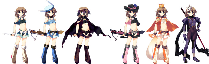 amazuyu_tatsuki brown_hair cape clothed_navel costume_chart crossbow crown hat katana komaki_ikuno kunai navel sword to_heart_2 to_heart_2_dungeon_travelers weapon