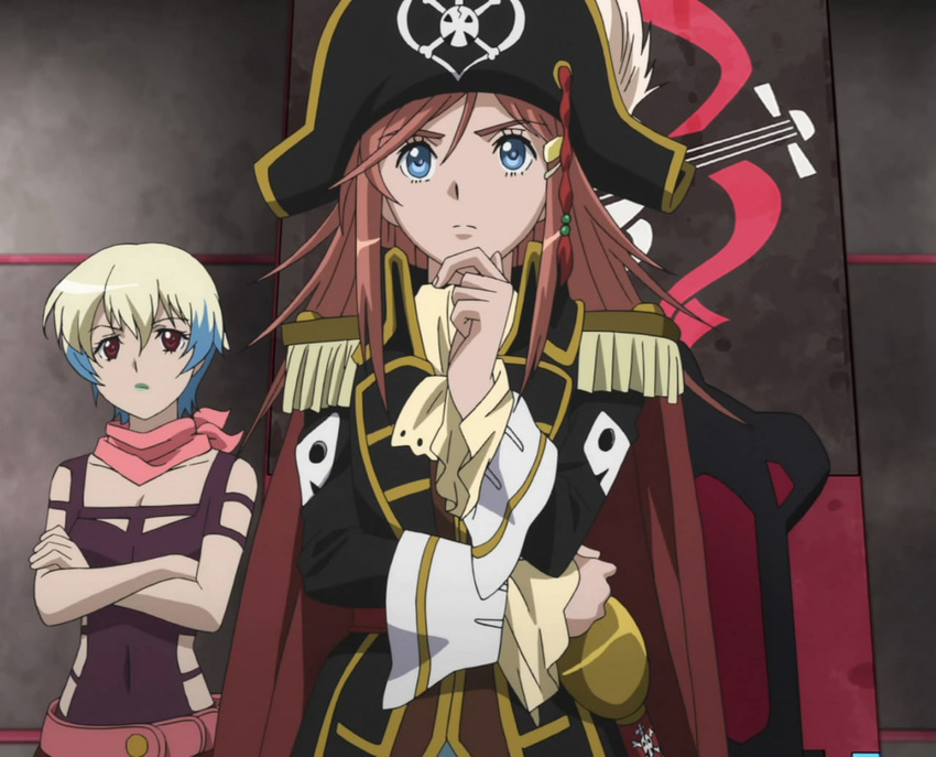 arms_crossed blue_eyes cutlass in_thought katou_marika long_hair looking_off_camera monmouth_cap mouretsu_pirates pirate_outfit scarf screen_capture slop_(pirate_clothing) tassels viewer_looking_up waistcoat