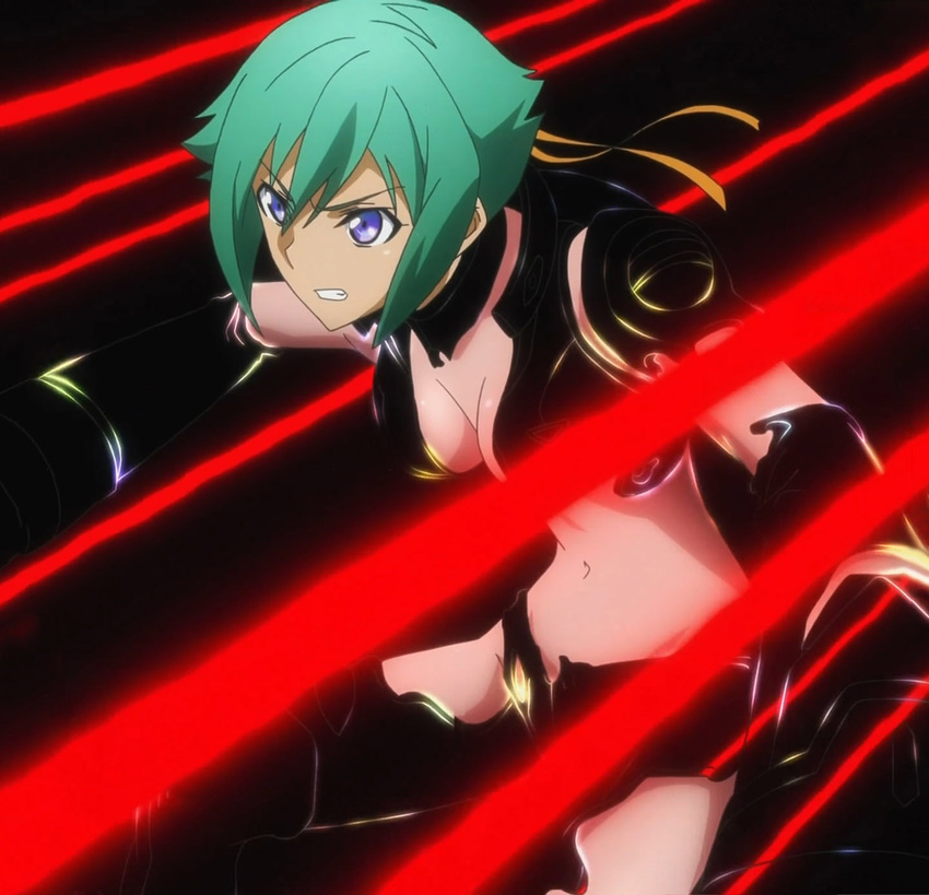 aqua_hair aquarion_evol blue_eyes cleavage determined lasers looking_off_camera navel screen_capture sousei_no_aquarion yellow_hair_ribbon zessica_wong