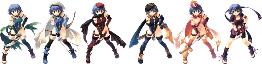 arrow beret blue_hair bow_(weapon) cape costume_chart crown elbow_gloves fingerless_gloves gloves hand_on_hip hat headband leaning_forward leotard mitsumi_misato navel scarf short_hair thighhighs to_heart_2 to_heart_2_dungeon_travelers tonami_yuma weapon