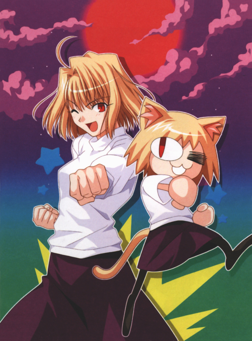 :3 ahoge animal_ears arcueid_brunestud blonde_hair cat_ears cat_tail clenched_hands full_moon highres long_skirt melty_blood moon multiple_girls nekoarc non-web_source one_eye_closed punching purple_skirt red_eyes red_moon scan short_hair skirt sweater tail takeuchi_takashi tsukihime