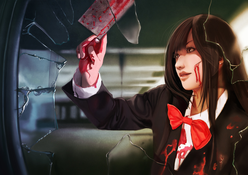 absurdres blood bloody_knife bow broken_glass brown_eyes brown_hair cleaver crazy cuts earrings formal glass highres injury jewelry knife lips long_hair luan_(ares6792) original realistic school_uniform smile solo tongue