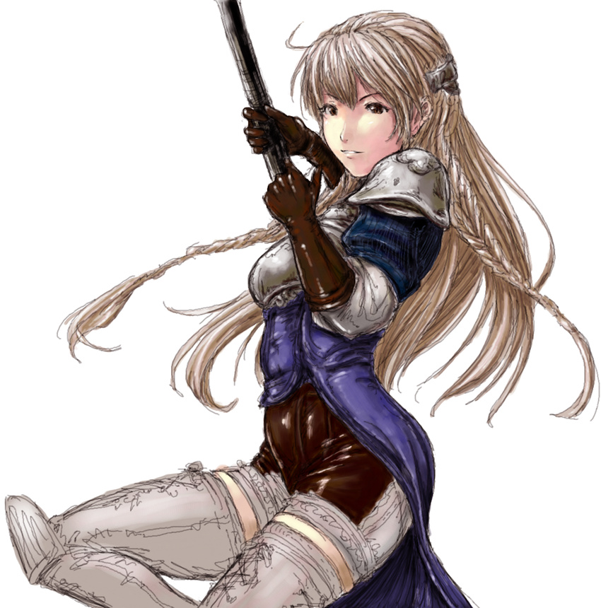 armor braids long_hair looking_off_camera ravness_loxaerion rough_sketch tactics_ogre thigh_high_boots weapon