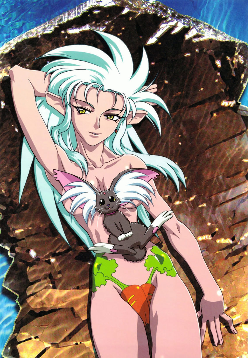 absurdres bikini_bottom blue_hair breasts cabbit censored convenient_censoring highres jewelry kajishima_masaki long_hair lying medium_breasts ryou-ouki ryouko_(tenchi_muyou!) single_earring spiked_hair tenchi_muyou! topless yellow_eyes