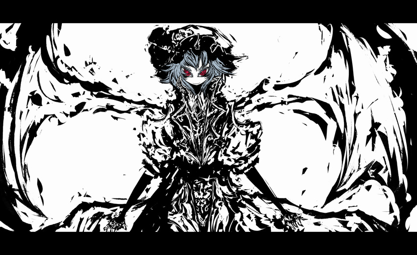 abstract bad_id bad_pixiv_id blue_hair f7(eiki) hat highres horror_(theme) monochrome red_eyes remilia_scarlet solo spot_color touhou wings