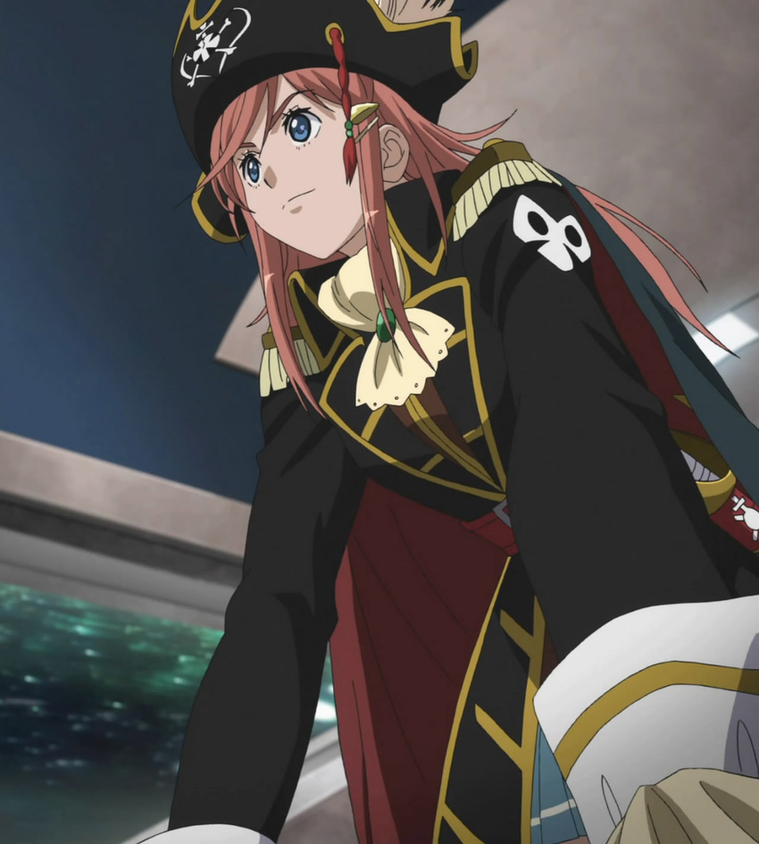 blue_eyes determined in_command katou_marika looking_off_camera monmouth_cap mouretsu_pirates pirate_outfit screen_capture slop_(pirate_clothing) tassels viewer_looking_up waistcoat