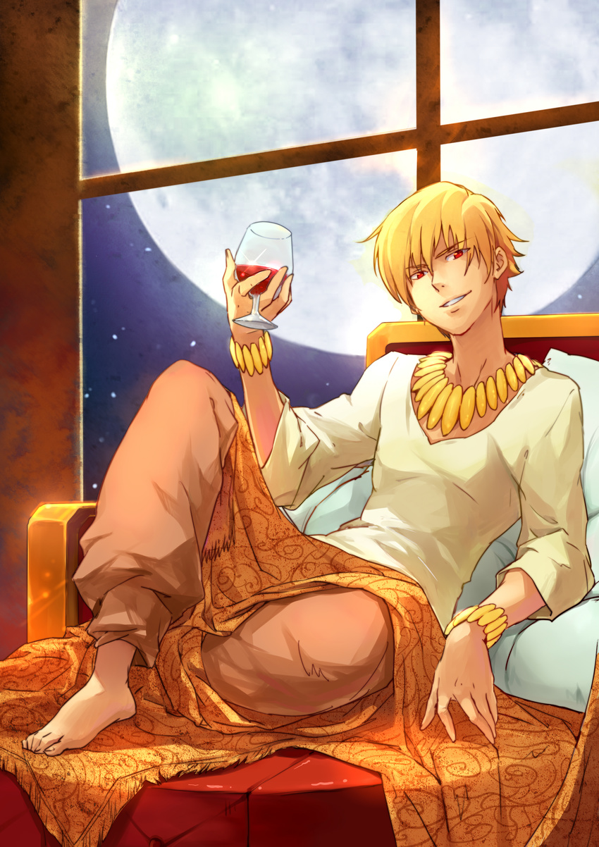 absurdres alcohol barefoot bracelet cup cupping_glass drinking_glass fate/stay_night fate/zero fate_(series) full_body full_moon gilgamesh highres indoors jewelry linjie looking_at_viewer male_focus moon necklace night red_eyes smile window wine wine_glass