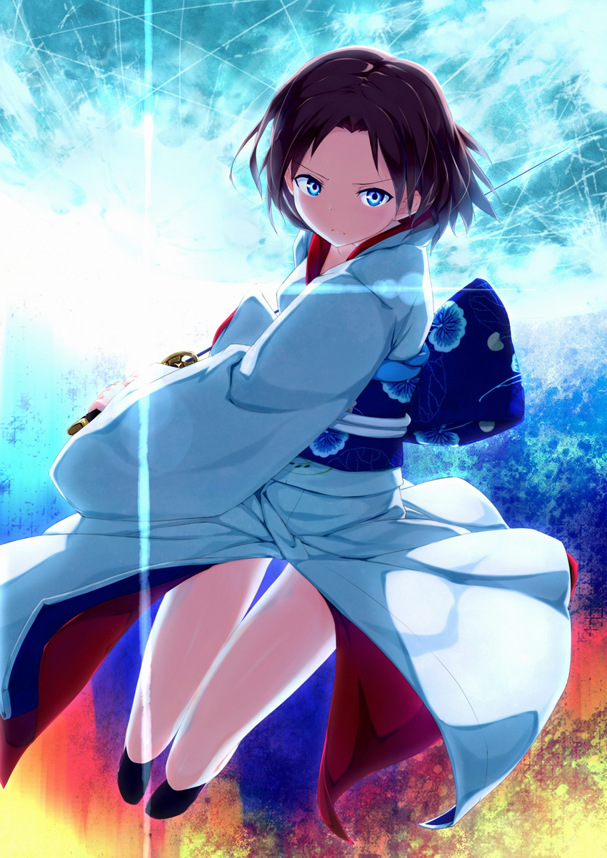 1girl bare_legs blue_eyes flare kara_no_kyoukai kimono legs ryougi_shiki solo sword