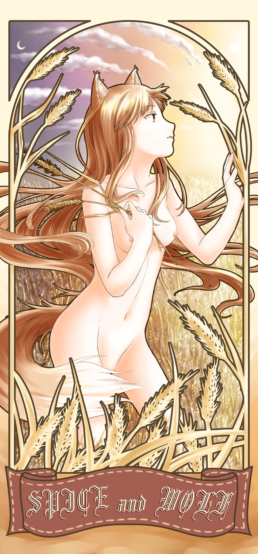 animal_ears art_nouveau breasts brown_hair highres holo long_hair nipples nude plane_(planetw2002) red_eyes small_breasts solo spice_and_wolf tail wheat wolf_ears wolf_tail