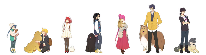 5boys absurdres aladdin_(magi) ali_baba_saluja alternate_costume alternate_hairstyle backpack bad_id bad_pixiv_id bag bespectacled black_hair blonde_hair blue_eyes blue_hair braid casual contemporary crossed_arms dog dress fashion glasses hair_bun hairlocs hand_in_pocket hand_on_hip hat headphones headphones_around_neck highres holding jewelry judal kassim long_hair magi_the_labyrinth_of_magic morgiana multiple_boys multiple_girls necklace one_side_up pantyhose pink_eyes pink_hair red_eyes red_hair ren_kougyoku short_hair sinbad_(magi) single_braid squatting tuuuh white_background yellow_eyes