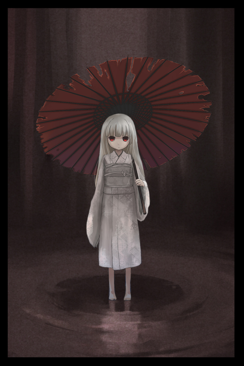 barefoot blonde dress eerie feet ghostly long_white_hair looking_at_viewer obi parasol red_eyes reflection white_kimono