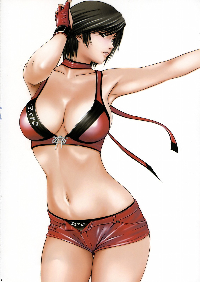 armpits artbook black_hair black_panties breasts cleavage clothes_writing collarbone fingerless_gloves front-tie_top gloves hand_on_own_head hand_up highres hinomoto_reiko large_breasts lips looking_at_viewer mole mole_on_breast momoi_nanabei navel outstretched_arm panties panty_peek parted_lips red_gloves red_lips red_shorts ribs rumble_roses scan short_hair short_shorts shorts sideways_glance simple_background sleeveless solo sportswear thigh_gap toned unbuttoned underwear white_background