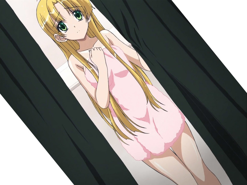 asia_argento blonde curtains exiting green_eyes highschool_dxd just_showered long_hair screen_capture towel