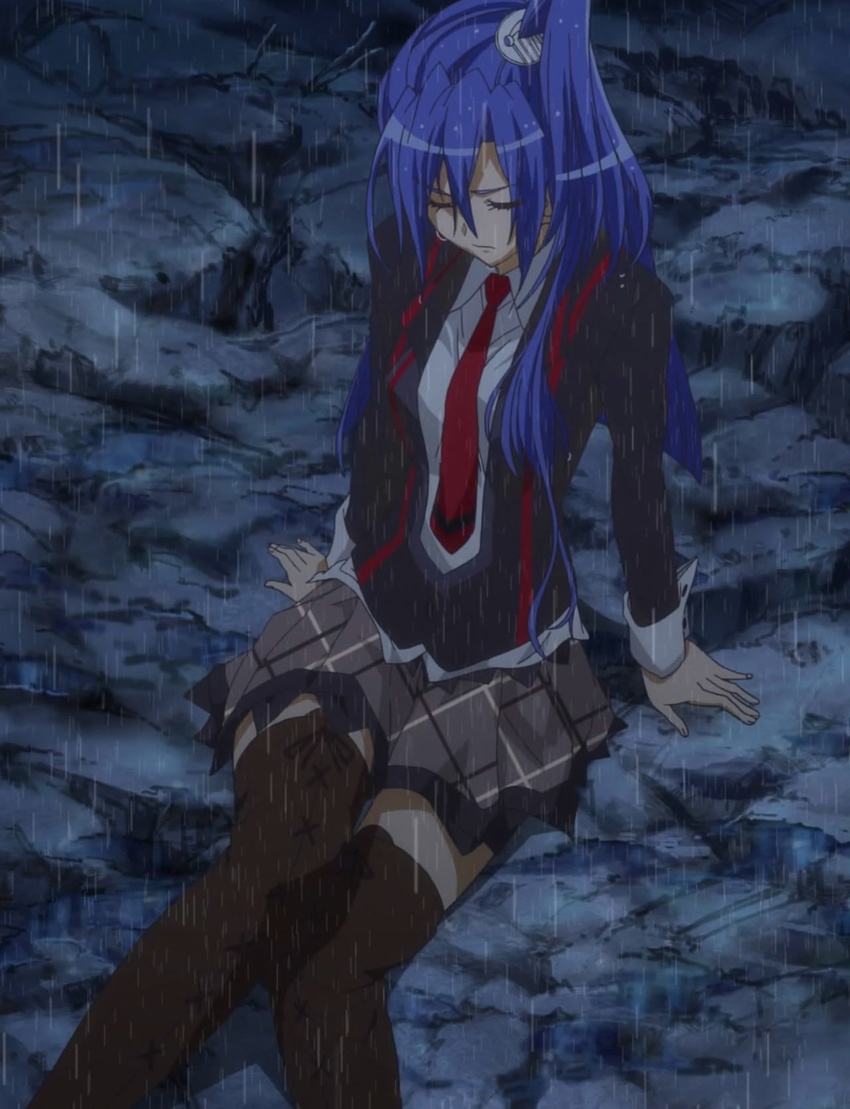 exterior eyes_closed frustrated ground hair_ornament kazanari_tsubasa propped_up rain red_neck_tie school_uniform screen_capture senhime_zessho_symphogear senki_zesshou_symphogear side_tail sitting thigh_boots