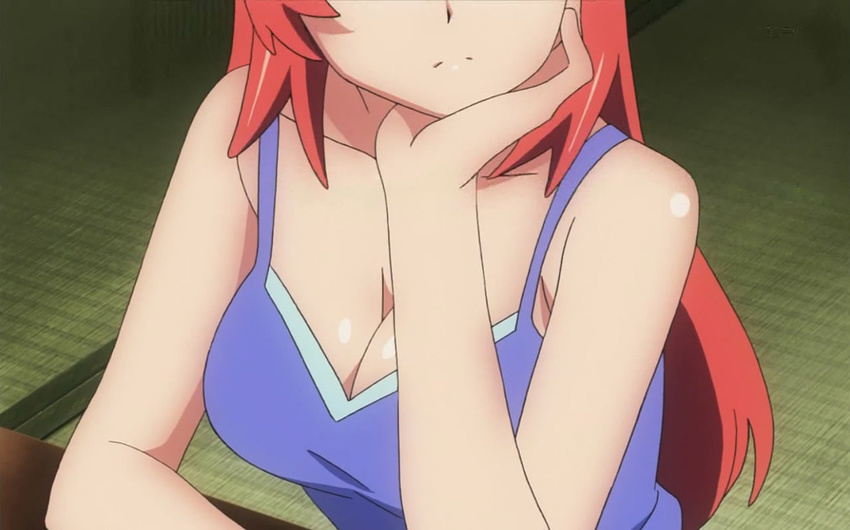 ano_natsu_de_matteru cleavage hand_on_cheek interior long_hair red_hair screen_capture spaghetti_straps table takatsuki_ichika tatami_mats thinking