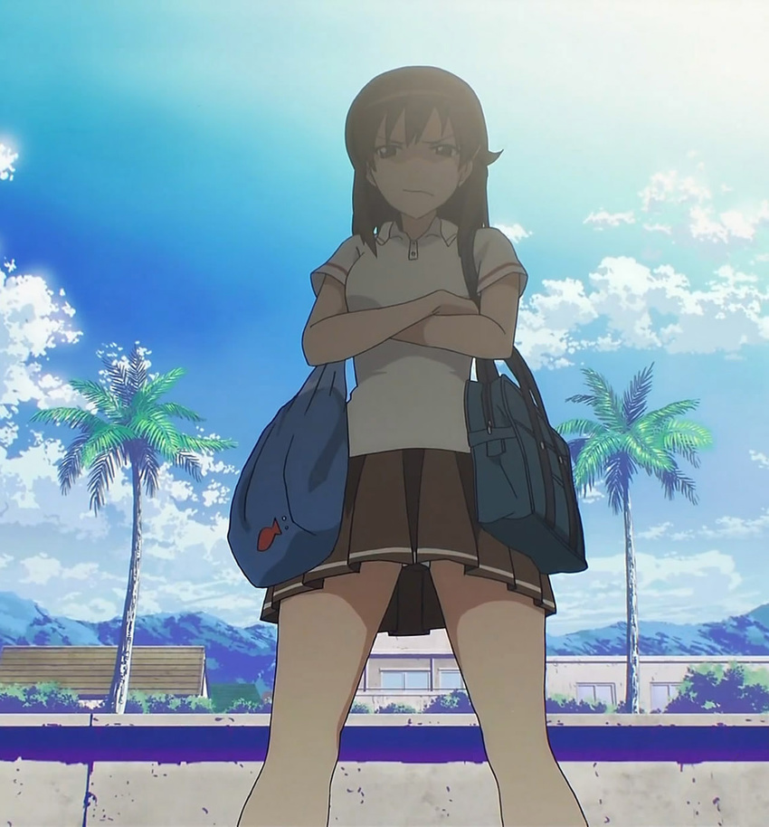 arms_crossed bags brown_hair buildings clouds exterior frustrated kyouno_madoka mountains palm_trees pantsu polo_shirt rinne_no_lagrange roofs school_bag screen_capture sun_glare thighs warm_weather_uniform windows