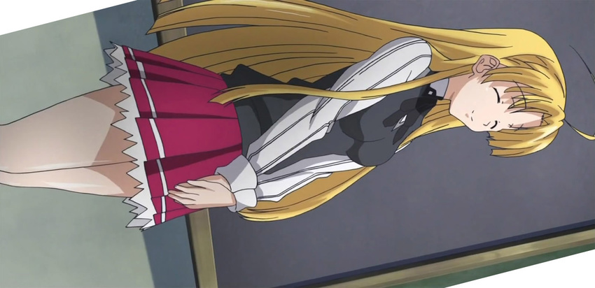 angular asia_argento eyes_closed hands_at_front happy highschool_dxd long_blond_hair pose school_uniform screen_capture thighs