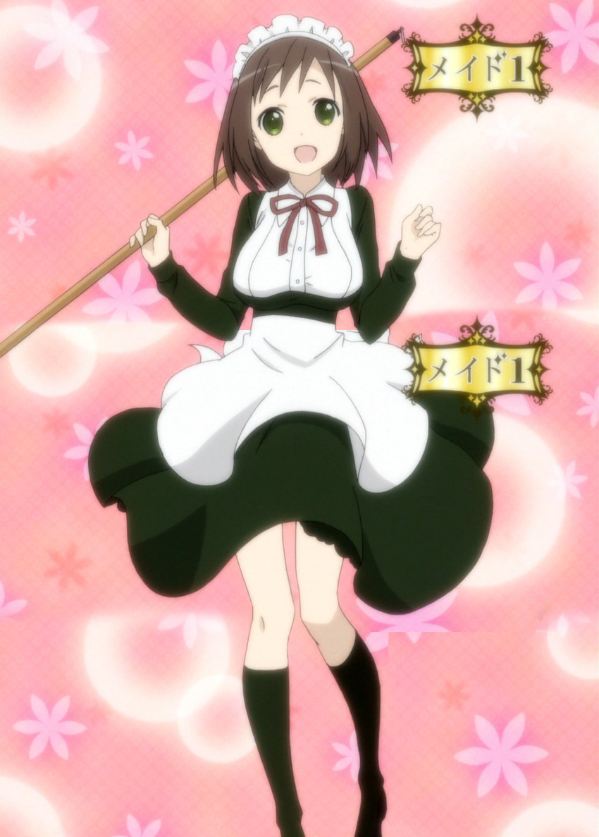 apron black_stockings broom_handle flower_motif green_eyes inu_x_boku_ss maid red_tie screen_capture short_brown_hair