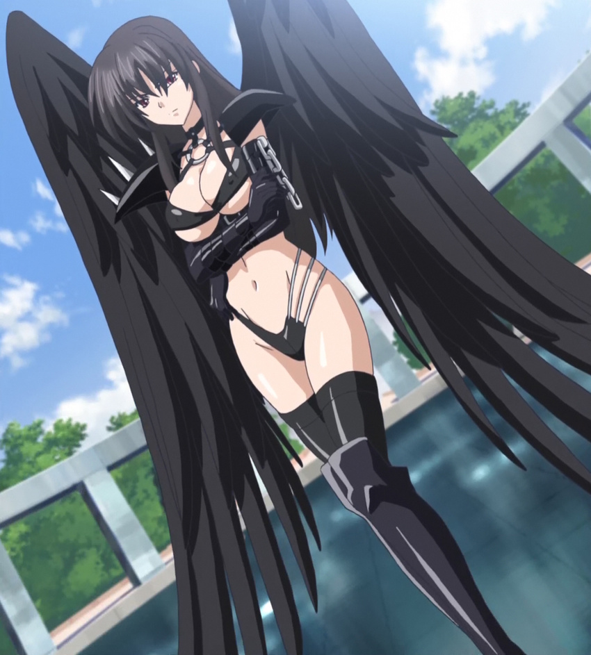 amano_yuuma annoyance arms_crossed black_wings chain cleavage collar exterior feathers highschool_dxd knee_high_boots long looking_at_viewer_with_disdain naval oppai red_eyes reinare screen_capture shoulder_pads spikes trees zettai_ryouiki