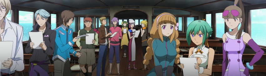 6_females 6_males aquarion_evol bracelet brown_hair cleavage goggles green_hair group hair_band interior jeans long_dress pants papers ponytail screen_capture shorts shrade_elan sousei_no_aquarion studious tight_fitting_clothes twin_tail white_shirt windows zessica_wong